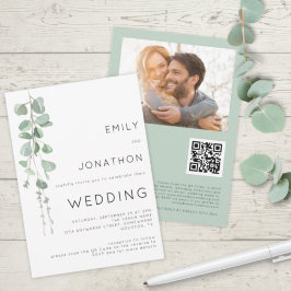 Modernes Eukalyptus-Foto QR-Code Hochzeit Einladung