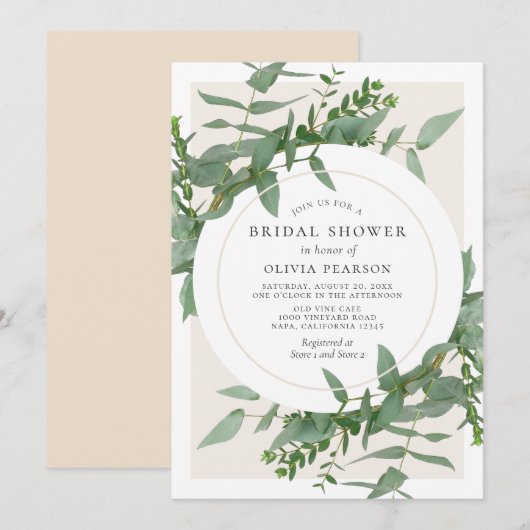 Modernes Eukalyptus Greenery Circle Brautparty Einladung (Vorne/Hinten)