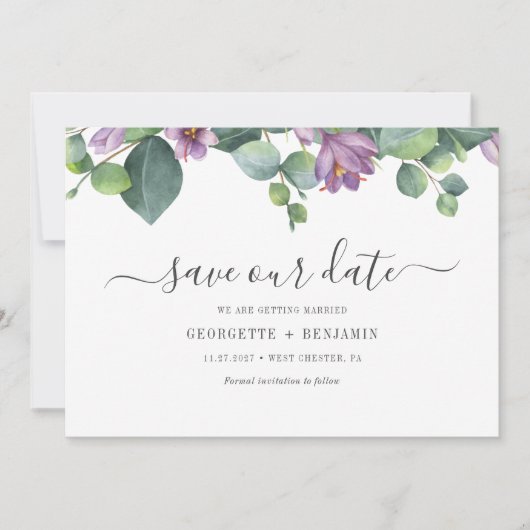 Modernes Eukalyptus-Gründungsskript Save The Date (Vorderseite)