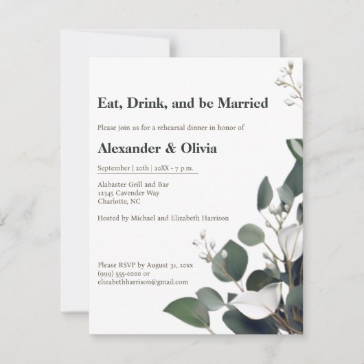 Modernes Eukalyptus Hochzeitessen Probe Einladung (Vorderseite)