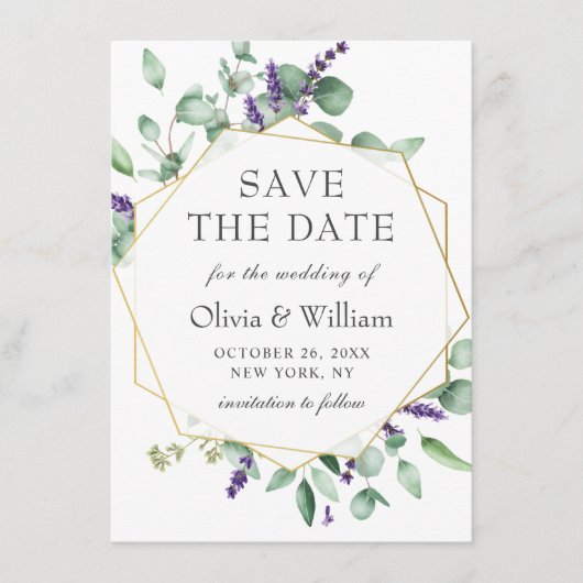 Modernes Eukalyptus Lavender Floral Foto Wedding Save The Date (Vorderseite)