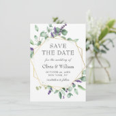 Modernes Eukalyptus Lavender Floral Foto Wedding Save The Date (Stehend Vorderseite)