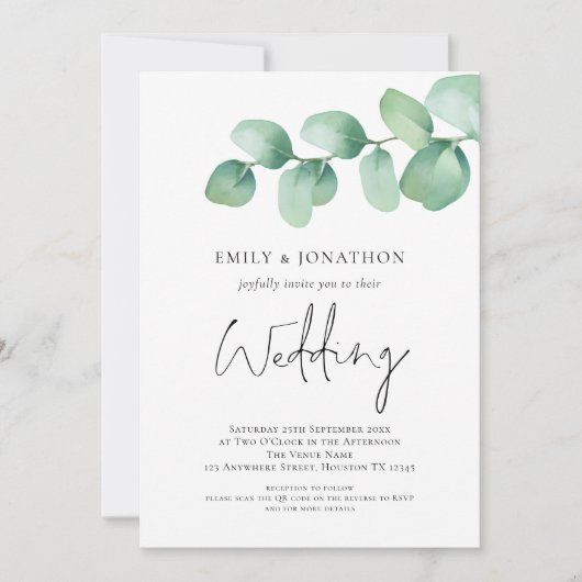 Modernes Eukalyptus QR Code Wedding Einladung (Vorderseite)