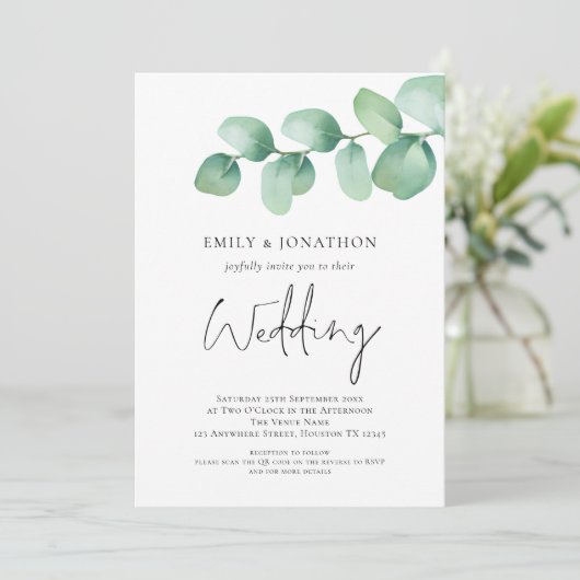 Modernes Eukalyptus QR Code Wedding Einladung (Stehend Vorderseite)