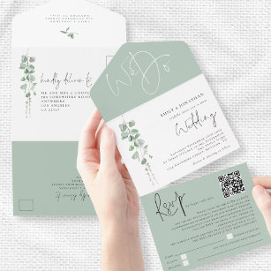 Modernes Eukalyptus Script QR Code Hochzeit All In One Einladung