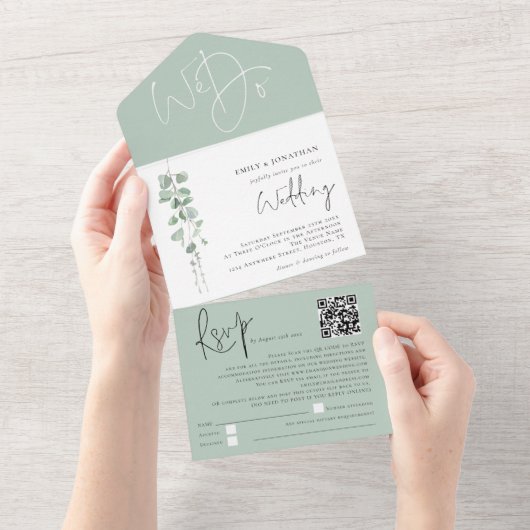 Modernes Eukalyptus Script QR Code Hochzeit All In One Einladung (Abreißen)