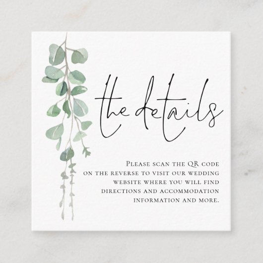 Modernes Eukalyptus Script QR Code Hochzeitdetails Begleitkarte (Vorderseite)
