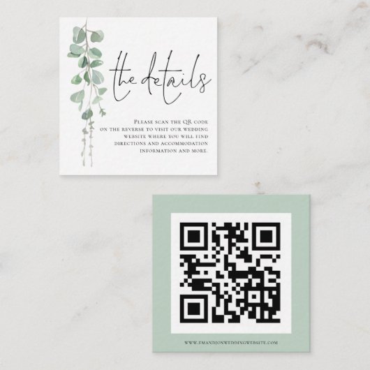 Modernes Eukalyptus Script QR Code Hochzeitdetails Begleitkarte (Vorne/Hinten)