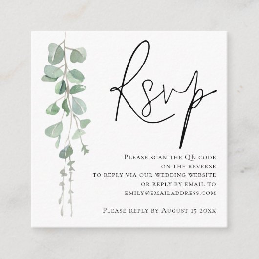 Modernes Eukalyptus Script QR Code Wedding RSVP Begleitkarte (Vorderseite)