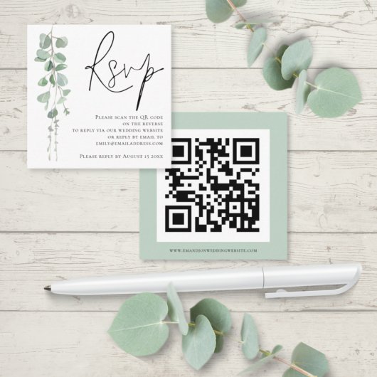 Modernes Eukalyptus Script QR Code Wedding RSVP Begleitkarte