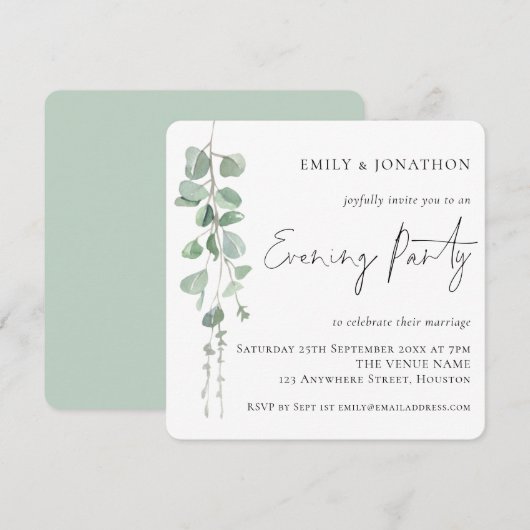 Modernes Eukalyptus Script Wedding Abend Party Einladung (Vorne/Hinten)
