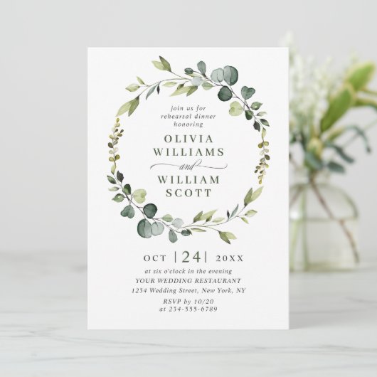 Modernes Eukalyptus Wreath Frame PROBE DINNER Einladung (Stehend Vorderseite)