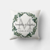 Modernes Eukalyptus-Wreath-Monogramm-Hochzeitssäck Kissen (Rückseite)