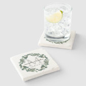 Modernes Eukalyptus-Wreath-Monogramm-Hochzeitssäck Steinuntersetzer (Seitenansicht)