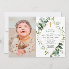 Modernes Eukalyptusgrün-Goldtaufe-Foto Einladung