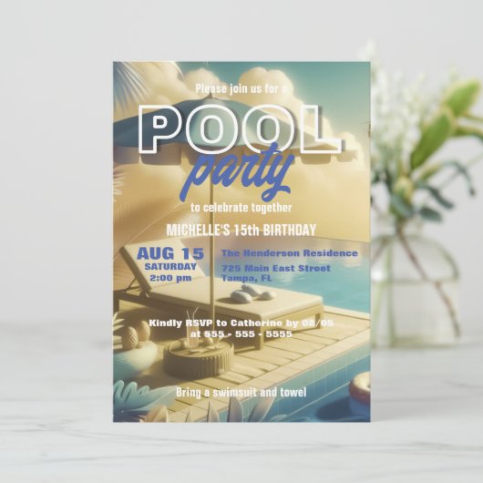 Modernes Exotic Tropical Birthday Summer Pool Part Einladung (Stehend Vorderseite)