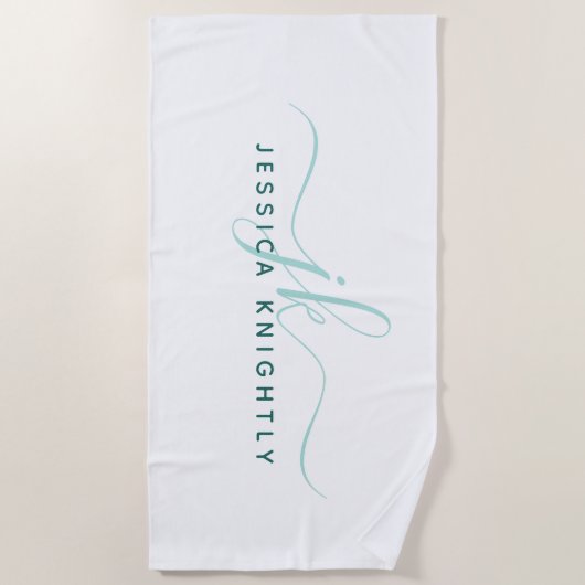 Modernes Extravagantes Script Monogram Aquamarin T Strandtuch (Vorderseite)