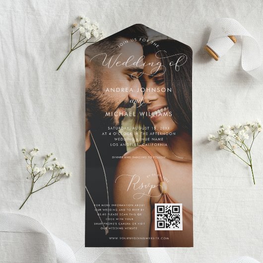 Modernes Fading Foto Script QR Code Foto Hochzeit All In One Einladung