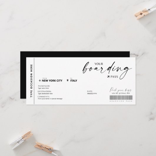 Modernes Fake für Boarding-Pass-Überraschung (Vorderseite/Rückseite Beispiel)