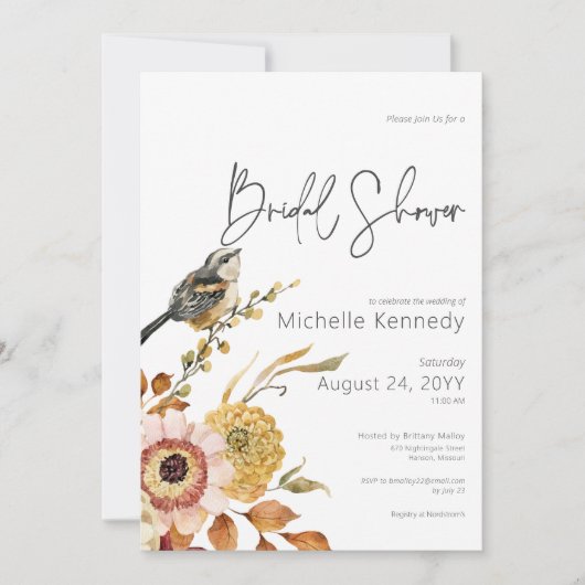 Modernes Fall Floral & Bird Brautparty Einladung (Vorderseite)