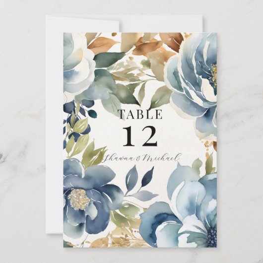 Modernes Fall Floral Navy Dusty Blue Wedding Menü Einladung (Vorderseite)