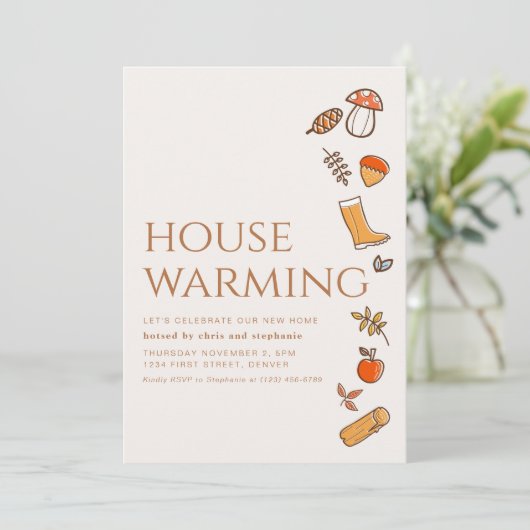 Modernes Fall Housewarming Party Einladen mit Blät Einladung (Stehend Vorderseite)