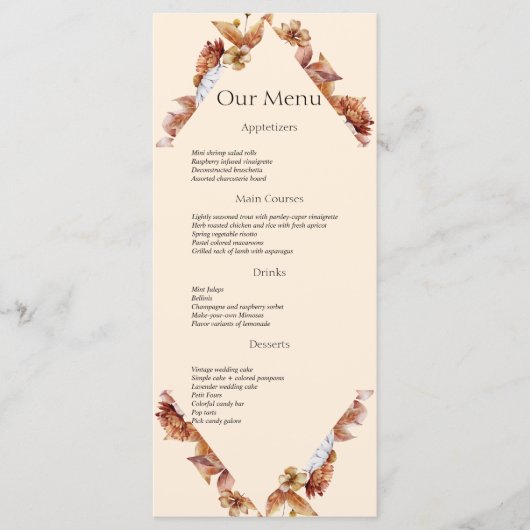 Modernes Fall Orange BOHO Hochzeitmenü Menükarte (Vorderseite)