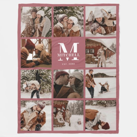 Modernes Familienfoto Collage Mit Monogramm Dusty  Fleecedecke (Vorderseite)