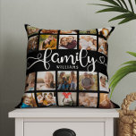 Modernes Familienskript 20 Foto Collage Chic Black Kissen<br><div class="desc">Modernes,  individuelles Foto-Collage Kissen mit Platz für 20 Fotos rund um ein trendiges Wirbles Skript lesen FAMILY und Ihr individuelle Name unten. Dies ist die zweiseitige Version.</div>