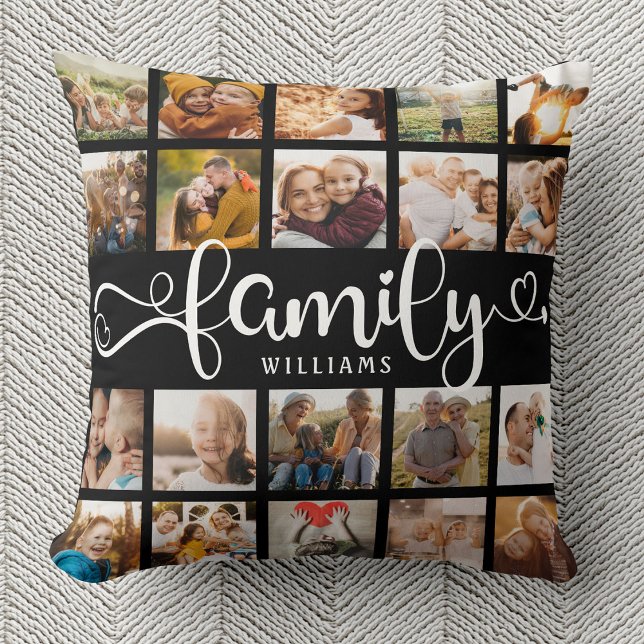 Modernes Familienskript 20 Foto Collage Chic Black Kissen (Von Creator hochgeladen)