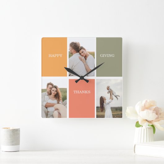Modernes Family Collage Foto Happy Thanksgiving Quadratische Wanduhr (Zuhause)