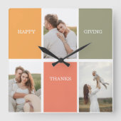 Modernes Family Collage Foto Happy Thanksgiving  Quadratische Wanduhr (Vorderseite)