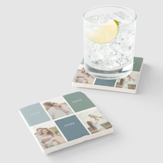 Modernes Family Collage Foto | Liebe leben hier Steinuntersetzer (Seitenansicht)