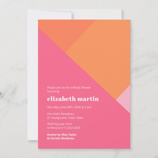 Modernes Farbblock Rosa Orangefarbenes Brautparty Einladung (Vorderseite)