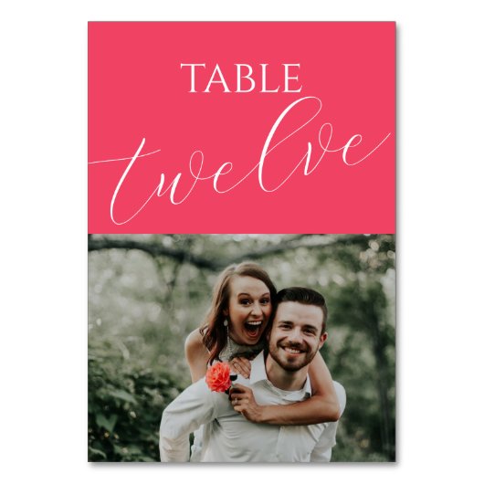 Modernes, farbenfroh-rosa Hochzeitsszenario-Foto Tischnummer (Vorderseite)