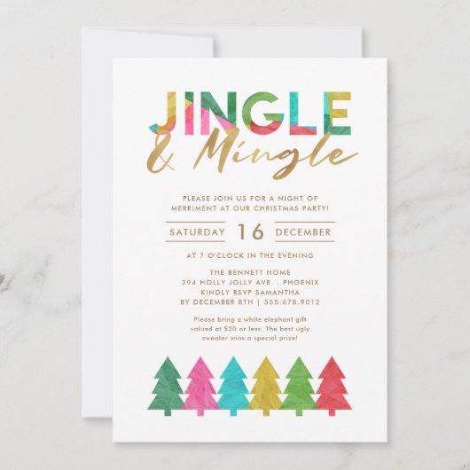 Modernes, farbenfrohe Jingle und Mingle Weihnachts Einladung (Vorderseite)