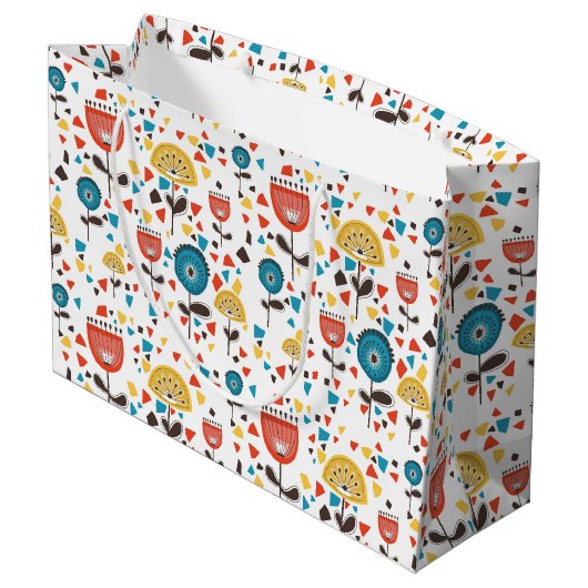 Modernes, farbenfrohes Blumenmuster aus dem Mittel Große Geschenktüte (Rückseite Schrägansicht)