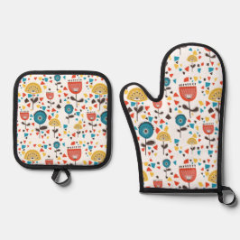 Modernes, farbenfrohes Blumenmuster aus dem Mittel Ofenhandschuh & Topflappen-Set