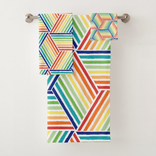 Modernes, farbenfrohes Rainbow Cube Pattern Badezi Badhandtuch Set (Insitu)