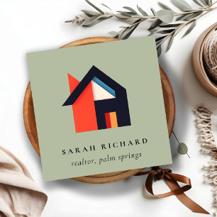 Modernes Farbhaus-Logo Realtor Grün Grau Rot Quadratische Visitenkarte