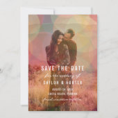 Modernes, farbiges Bokeh-Overlay-Foto Hochzeit Save The Date (Vorderseite)
