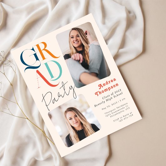 Modernes, farbiges Retro-Abschluss mit zwei Fotos Einladungspostkarte