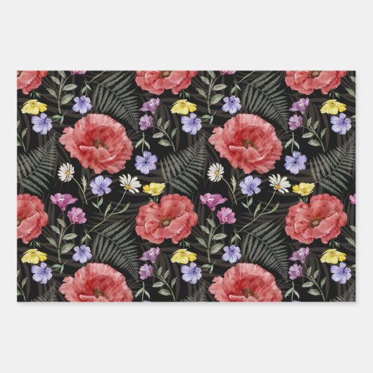 Modernes Farbmodell mit schwarzer Wildblume Geschenkpapier Set (Vorderseite 3)