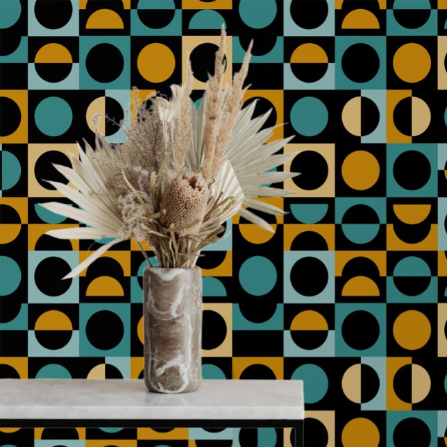 Modernes, feines Abstraktes Block Orange Black Aqu Tapete (Modern Bold Abstract Block Orange Black Teal Wallpaper from Ricaso. Colorful paper for trendy home )