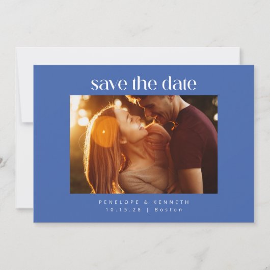 Modernes, feines Blau und Weiß Foto Hochzeitssomme Save The Date (Vorderseite)