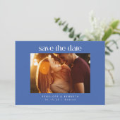 Modernes, feines Blau und Weiß Foto Hochzeitssomme Save The Date (Stehend Vorderseite)