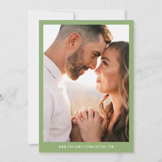 Modernes, feines grünes Foto Save The Date (Rückseite)