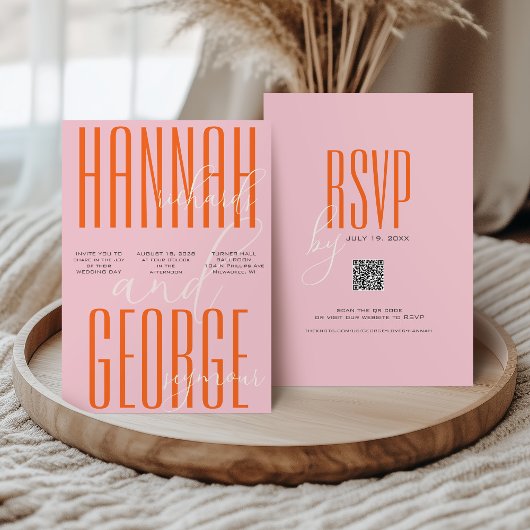 Modernes, feines Rosa und orangefarbener QR-Code E Einladung