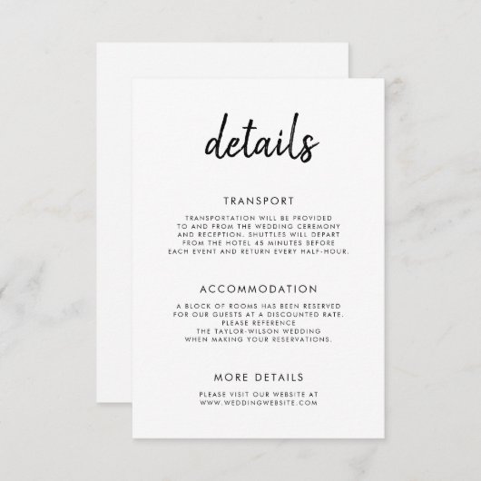Modernes, feines Skript Schwarz-weiße Hochzeitsdet Begleitkarte (Vorne/Hinten)