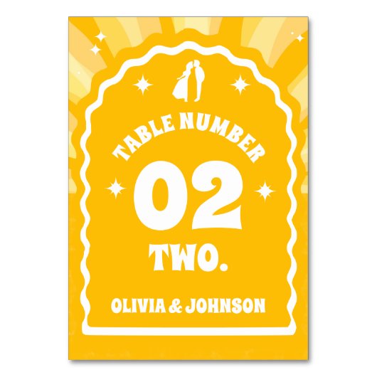 Modernes, feines Sonnenschein-Wavy-Arch-Foto Hochz Tischnummer (Vorderseite)